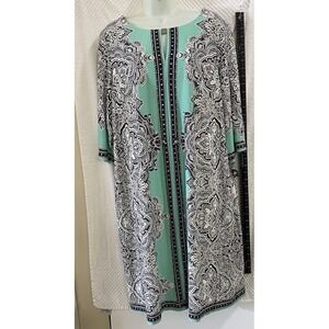 Paisley Size2X Dress Aqua Blue Black White Career Studio‎ One New York NWT Comfy